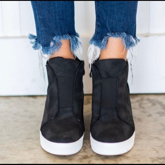 Black Faux Suede Wedge Sneakers - Picture 3 of 6
